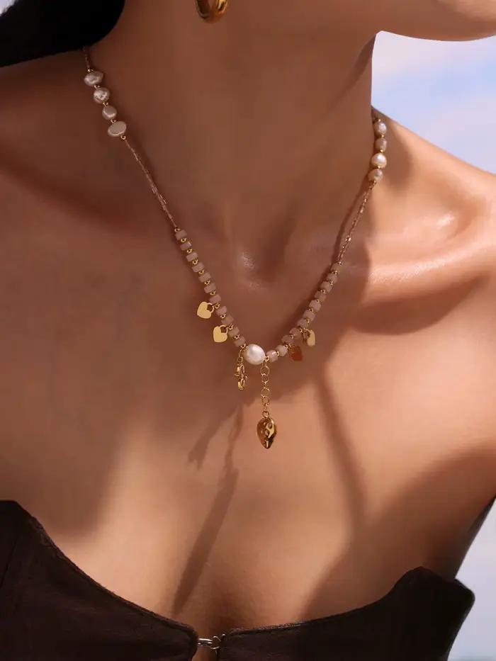 Collier pendentif coeur d'amour pour femmes, en acier inoxydable plaqué or avec perle d'eau douce, bijoux de luxe pour Banquet, charmant