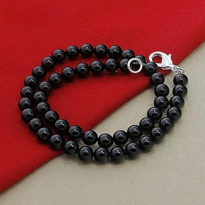 Collier unisexe en perles noires et agate avec fermoir mousqueton
