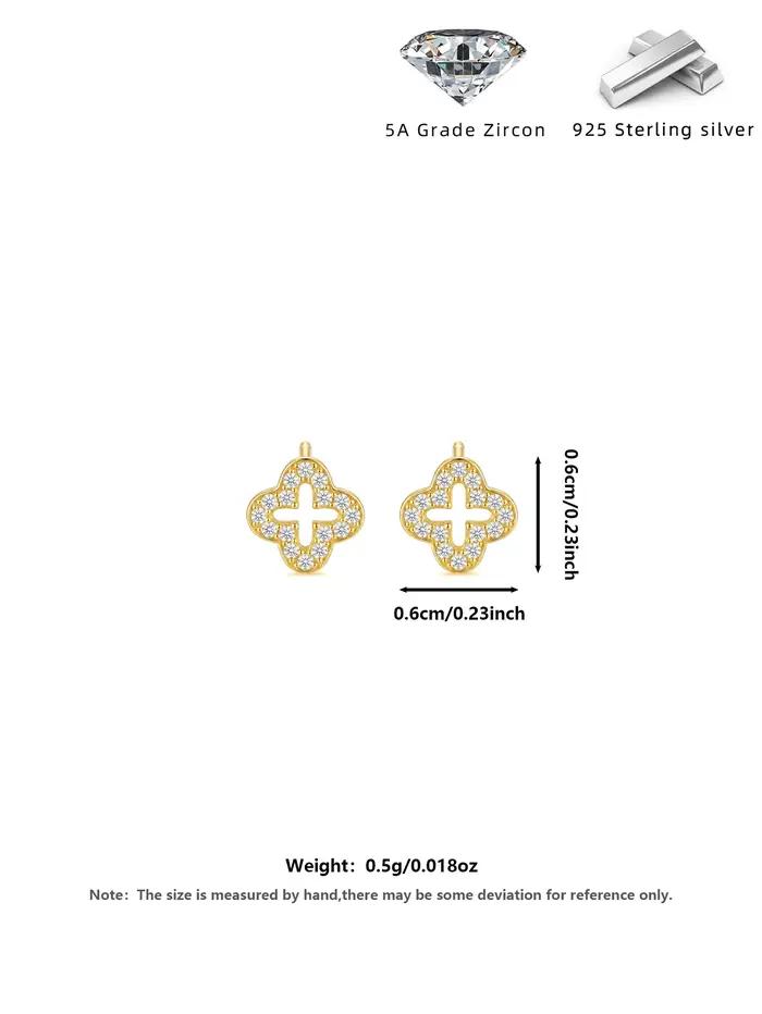 Boucles d'oreilles clous en argent S925 plaqué or 18 carats avec trèfle et zircon cubique