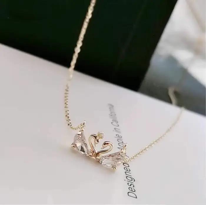Collier élégant en perles et cristaux, motif petit cygne, double cygne, chaîne polyvalente pour clav