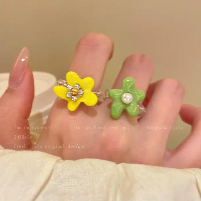 Bague perlée à fleurs colorées, bijoux pour les vacances d'été