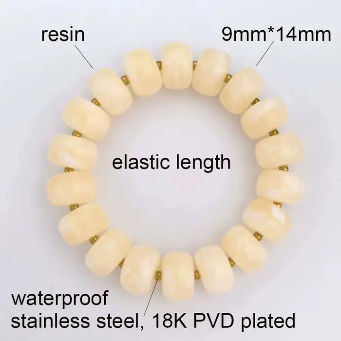 Bracelet élastique rond en résine pour femme, couleur or, perles baril PVD, grand acier inoxydable, étanche, fait main, DIY, bleu beige