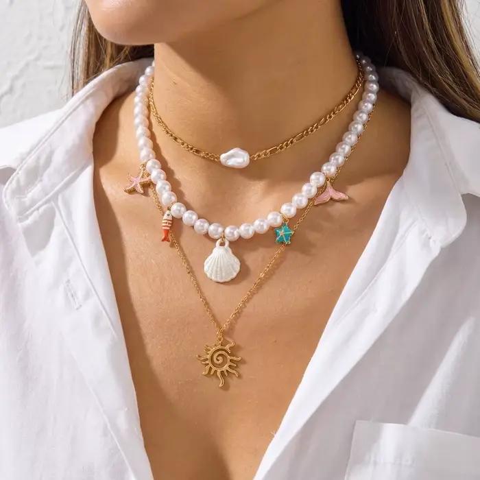 Collier Bohème Coquillages et Perles pour Femme, Style Océan, Pendentif Étoile de Mer et Soleil, Bij