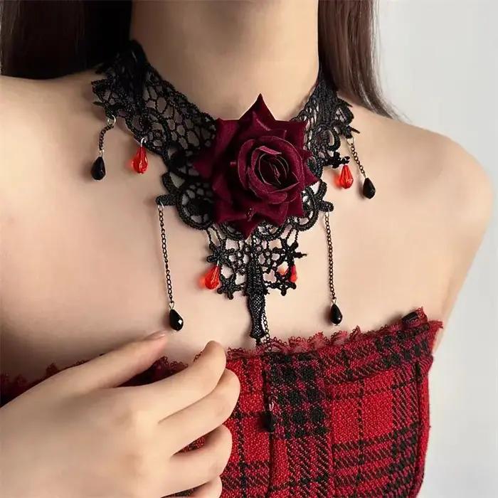 2025 Collier rose en dentelle Dark Romance - Bijoux gothiques d'Halloween pour femme