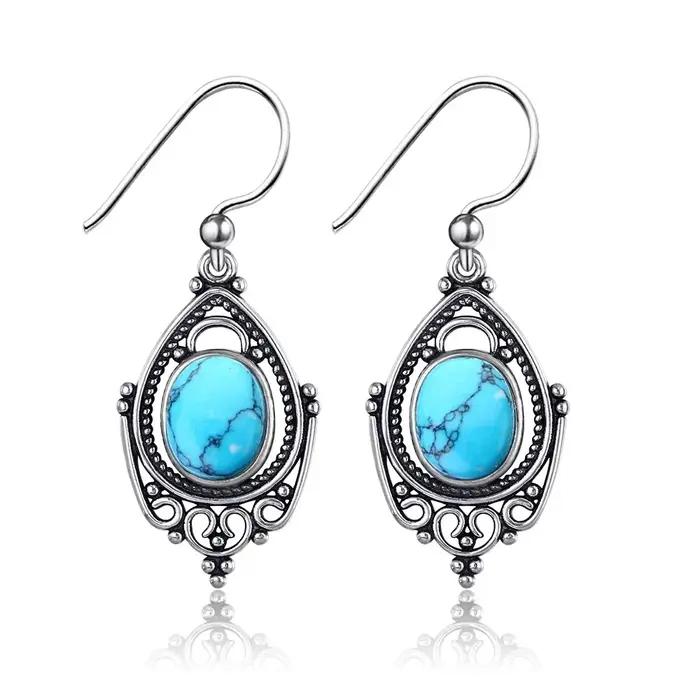 Boucles d'oreilles ovales Turquoise en argent Sterling 925 pour femmes, design vintage, occasion spéciale, engagement, anniversaire, fête