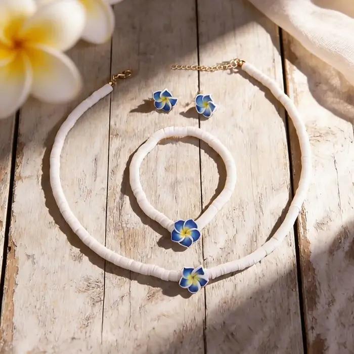 Ensemble de bijoux bohème chic, chaîne en corde tressée, élégant bracelet à grandes fleurs en perles d'argile, portable et coloré