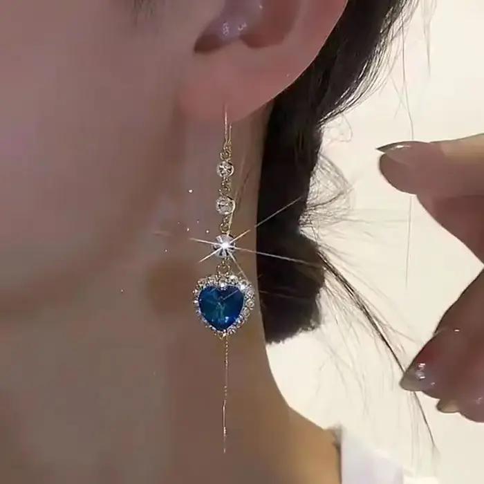 Boucles d'oreilles en Zircon bleu en forme de cœur pour femmes