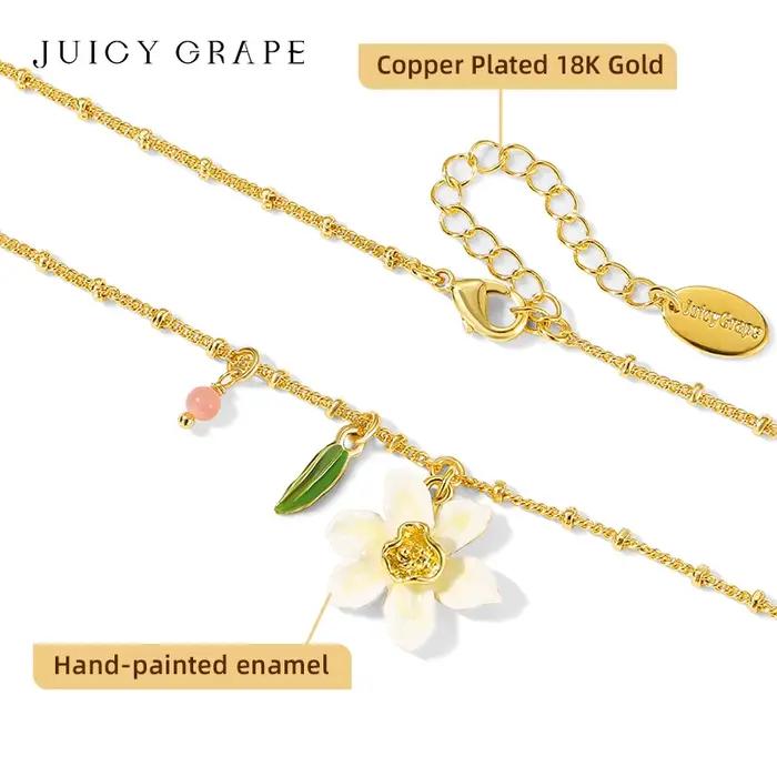 Collier juteux de raisin et jonquille – Pendentif fleur en émail fabriqué à la main en plaqué or 18 carats | Bijoux de