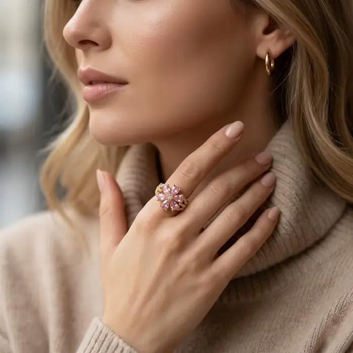 Ensemble de bagues ouvertes réglables en forme de fleur rose avec pierres en zircone cubique pour un usage quotidien et