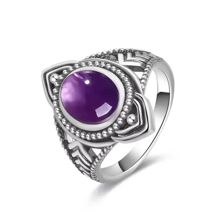 Bague Vintage en argent Sterling S925, ovale, ronde, améthyste naturelle, en forme de soleil et de fleur, bijoux fins rétro pour femmes et hommes