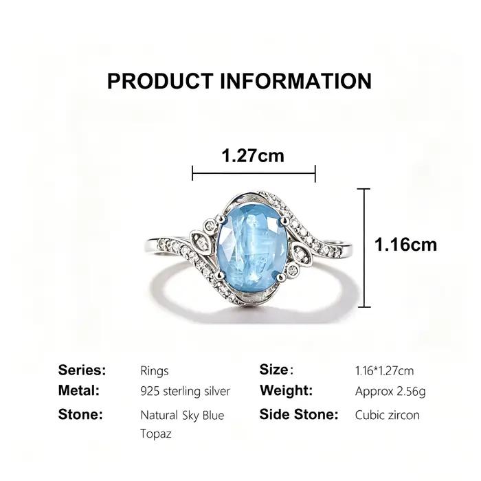 Bague en topaze bleue ciel naturelle de luxe léger pour femme, bijoux en argent sterling 925, cadeau d'anniversaire