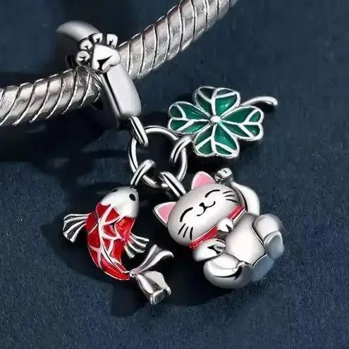 Breloque en Argent 925 Pendentif Chat Carpe Trèfle à Quatre Feuilles Compatible Bracelet Bijoux Originaux Femme Occasions Spéciales