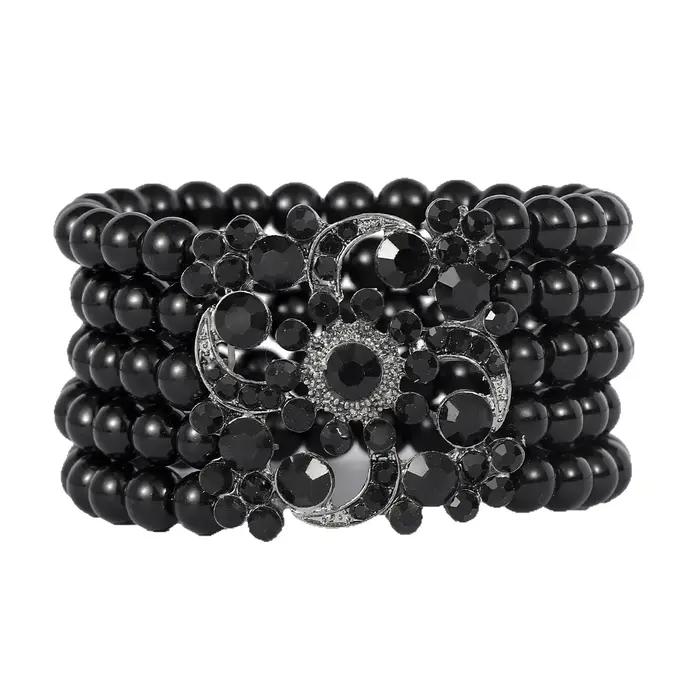 Bracelet rétro multicouche en perles incrustées de diamants floral pour femmes occasions spéciales polyvalent