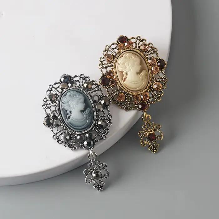 Broches Vintage camée en strass cristal victorien pour femmes, tête de beauté camée de reine, accessoire pour vêtements