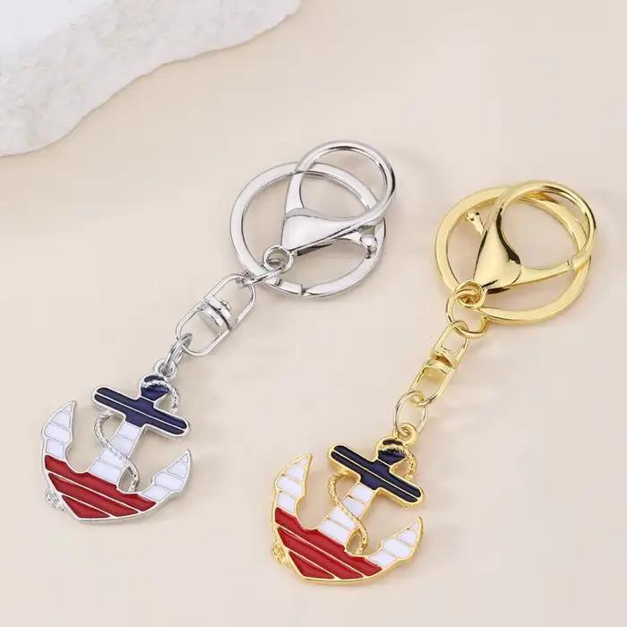 Porte-clés ancre nautique en émail pendentif métal rouge blanc bleu accessoire mode femmes hommes breloque sac cadeau fête noël occasion spéciale
