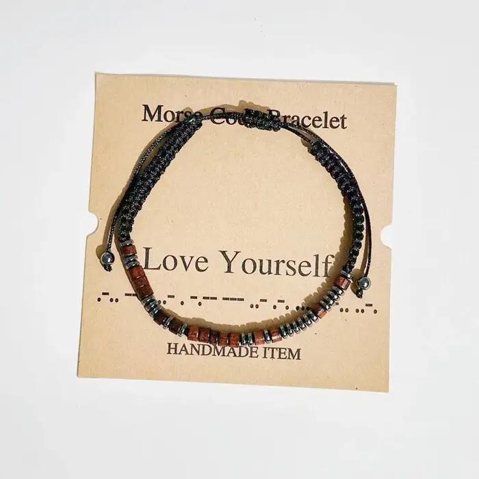 Bracelet Code Morse en bois ajustable avec perles pour hommes et femmes occasions spéciales sentiments éternels