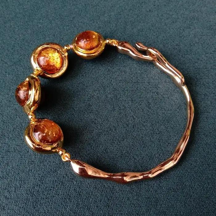 YYGEM 16mm doré marron Murano verre plaqué or Bracelet asymétrique perlé