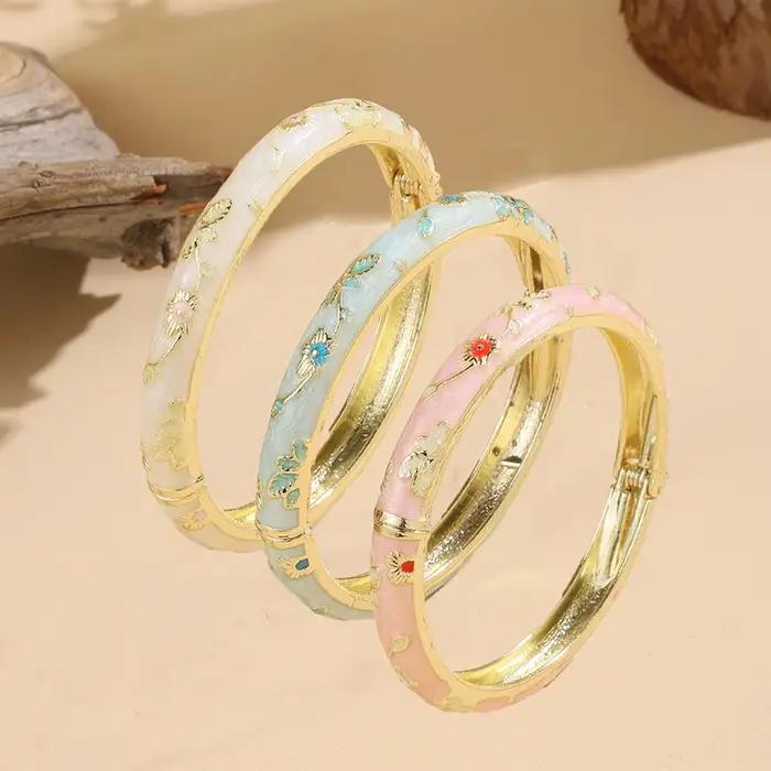 FTCY 3 pièces fine petite fleur émail bracelet pour femmes rétro cloisonné