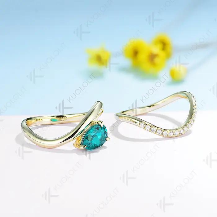 Kuololit 1.5CT Lab Grown Émeraude et Moissanite Ensemble de bagues pour femmes et hommes Bague en or massif 14K 10K pour cadeaux de fiançailles d'anniversaire