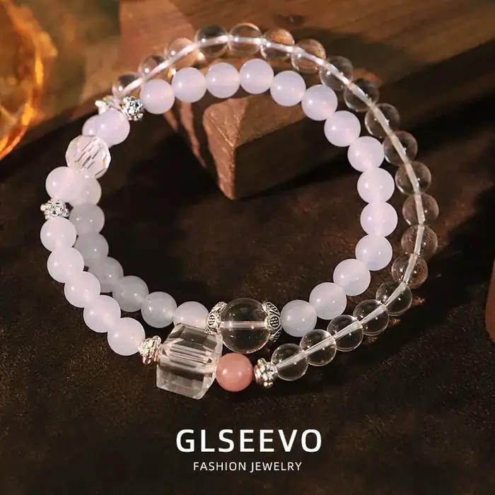 Bracelet Double cercle en Quartz Rose bleu mer