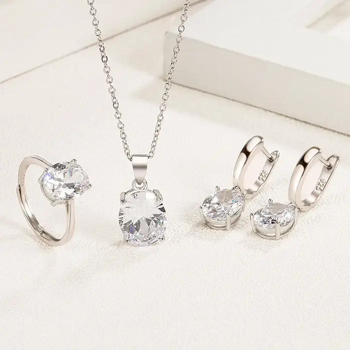 LIHONG 925 ensembles de bijoux en argent Sterling pour les femmes Ellipse Zircon bague collier boucles d'oreilles accessoires de luxe offres de livraison gratuite
