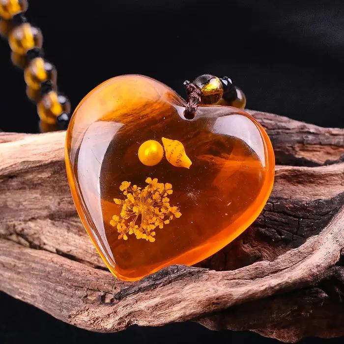 Collier en résine en forme de cœur avec perle ronde et véritable fleur pour femme bijou fantaisie cadeau de fête occaions spéciales