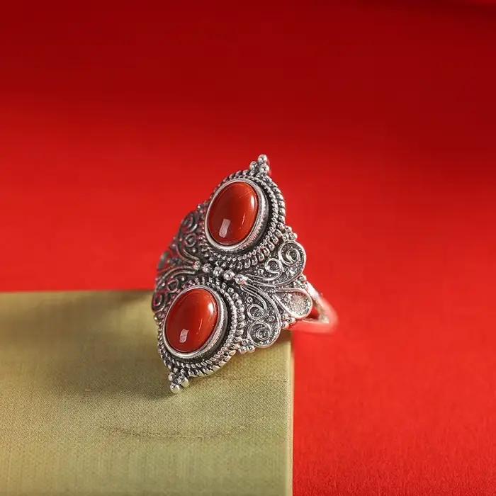 Bague en jade rouge Everoyal pour femmes style rétro élégante double perles ovales bijou pour soirées et anniversaires