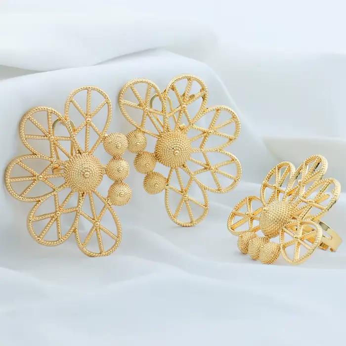 Ensembles de bijoux de dubaï pour femmes, boucles d'oreilles géométriques couleur or, bague ajourée, accessoires de mariage de luxe africains, cadeaux d'anniversaire