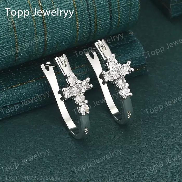 Clips d'oreille luxueux en argent sterling 925 avec croix en zircon - Bijoux élégants pour femmes, c