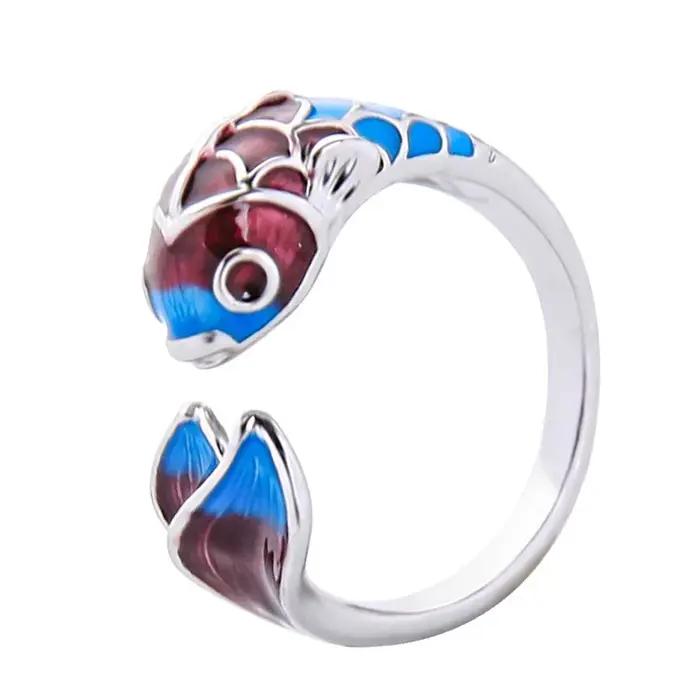 Bague en forme de poisson Koi en émail bleu et argent réglable élégante pour femmes occasions spéciales anniversaire mariage cadeau de fête