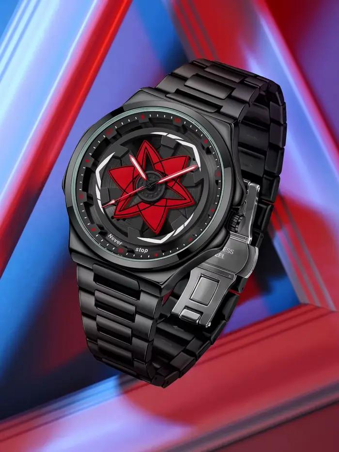 Montre à bracelet en acier pour hommes – Style Cool noir, cadran tendance rotatif, cadeau de vacances créatif