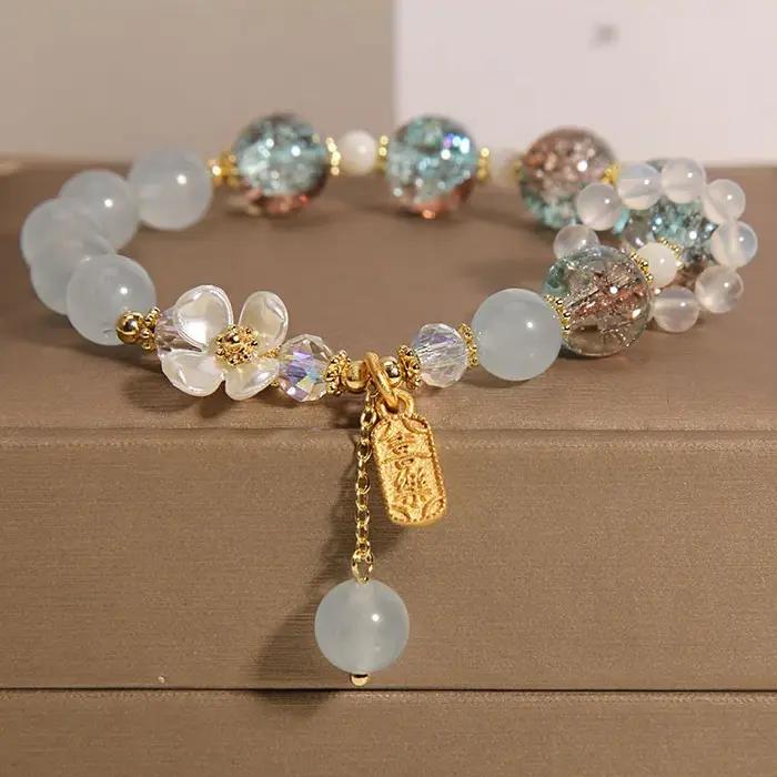 Bracelet en chalcédoine naturelle style coréen pour femme, avec pendentif fleur distinctif et simple