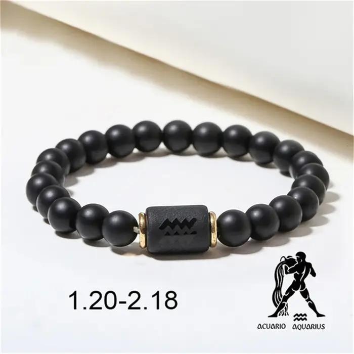 Bracelet Simple 12 Constellations, extensible, signe du zodiaque, pour hommes et femmes, pierre noir