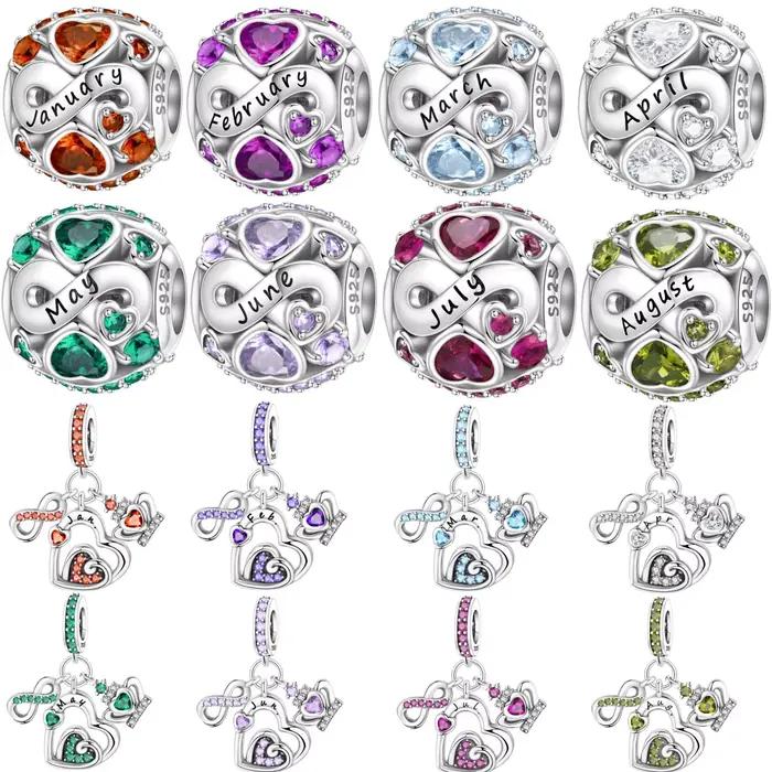 Breloque Cœur en Argent Sterling 925 avec Zircon Pierre de Naissance Personnalisée pour Bracelets et Colliers Occasions Spéciales Cadeaux Faire Soi-Même