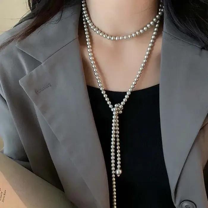 Vintage Imitation perle longue chaîne collier pour femmes élégant classique multicouche