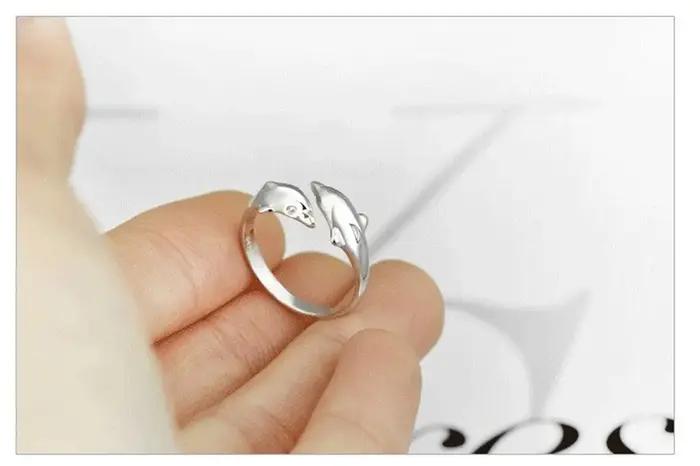 XIYANIKE couleur argent bijoux ouvert heureux Double dauphin amour anneaux pour fête femmes cadeau réglable Bague