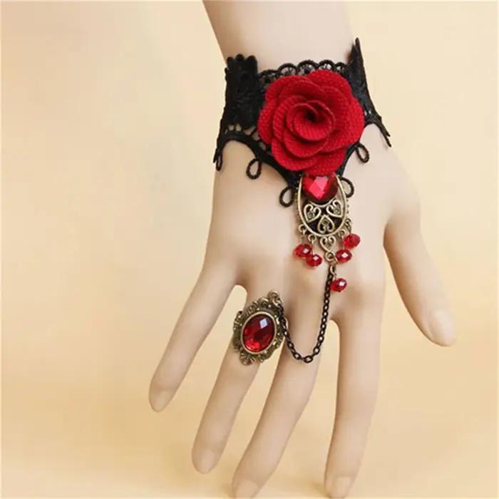 Bracelet Rose Rouge en Dentelle de Style Gothique Élégant