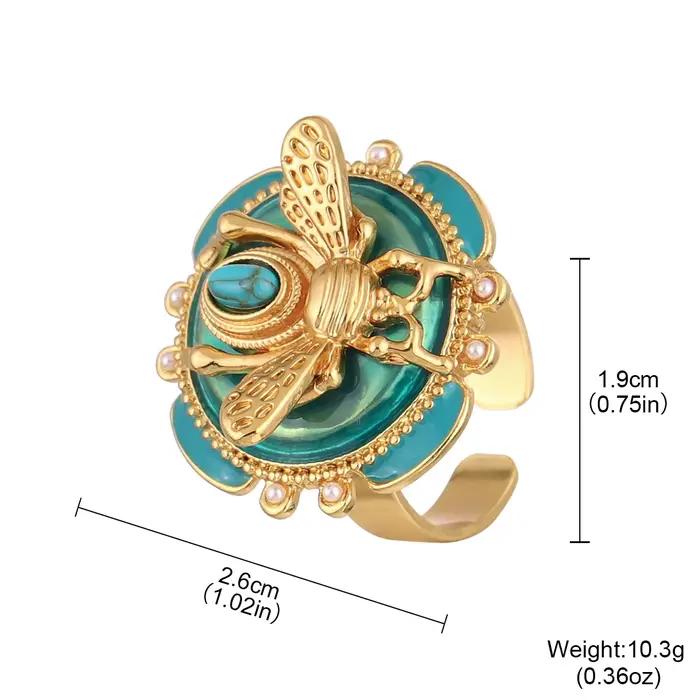 Bague abeille élégante en émail vert plaquée or avec perles turquoise et blanc pour homme et femme occasions spéciales cadeau bijoux