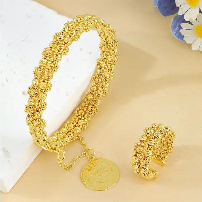 Ensemble de bijoux en or plaqué 24 carats pour femmes, bracelets et bagues en perles rondes, bijoux islamiques vintage pour célébrations et occasions spéciales
