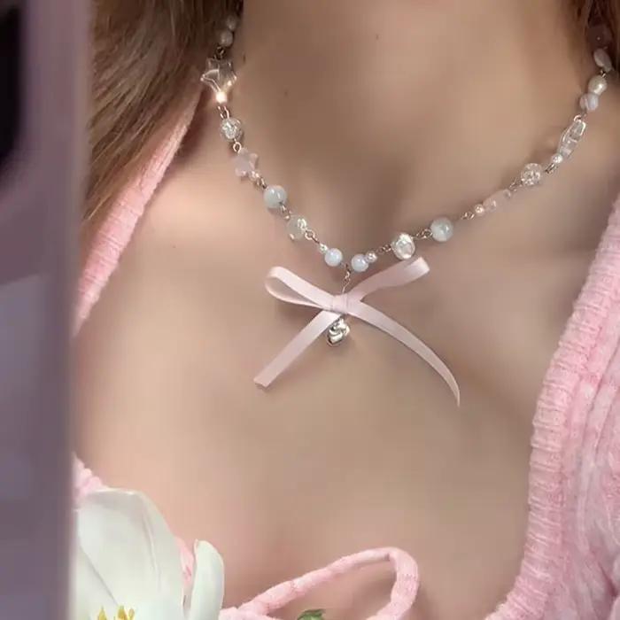 Chapelet coeur arc Fairycore perles tour de cou rose dentelle collier Y2K Pixie