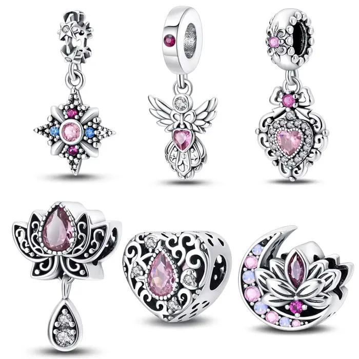 Breloques originales plaquées argent, perles pour bracelets, breloques de sac, accessoires DIY, cadeau pour femme, pendentif lotus, ange, lune, cristal rose