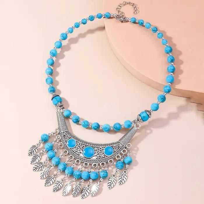 Collier ethnique tibétain en argent avec pampilles pour femmes