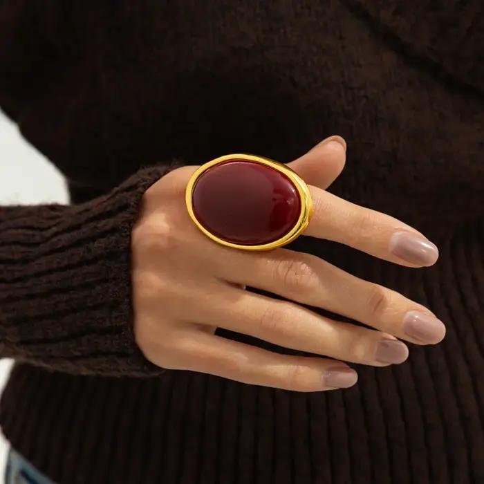 Anneau en résine ovale rouge géométrique classique pour femmes style féminin bijou mode occasions quotidiennes sorties chic