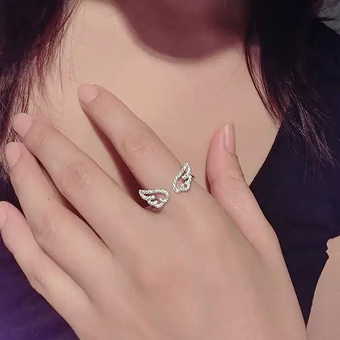 Bague Ailes d'Ange Style Coréen Femme Anneau Réglable Strass Argent Occasions Spéciales