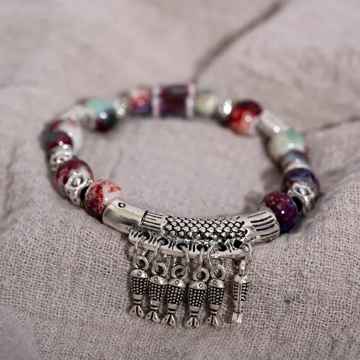 Bracelet élastique fait à la main avec perles en céramique et pendentif poisson en alliage, bijoux de Style ethnique S03-178