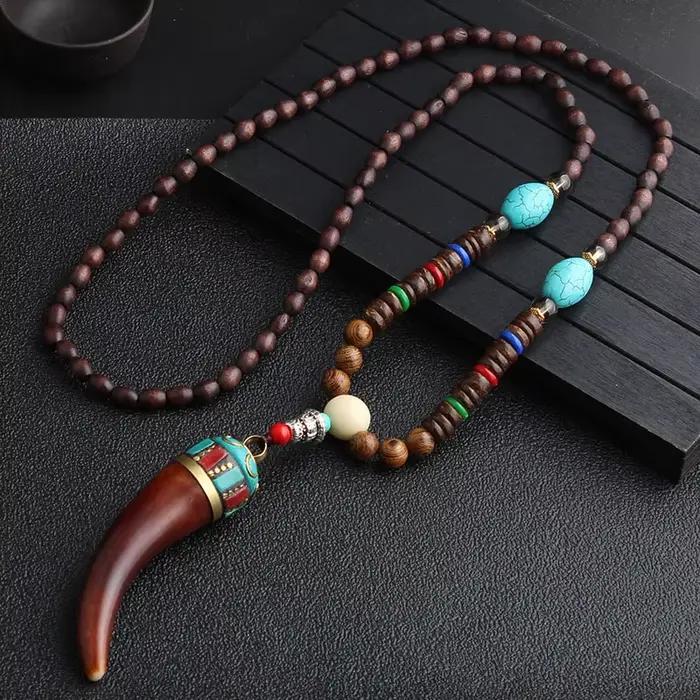 14 nouveau collier ethnique fait à la main du népal bouddhiste Mala perles de bois pendentif et coll
