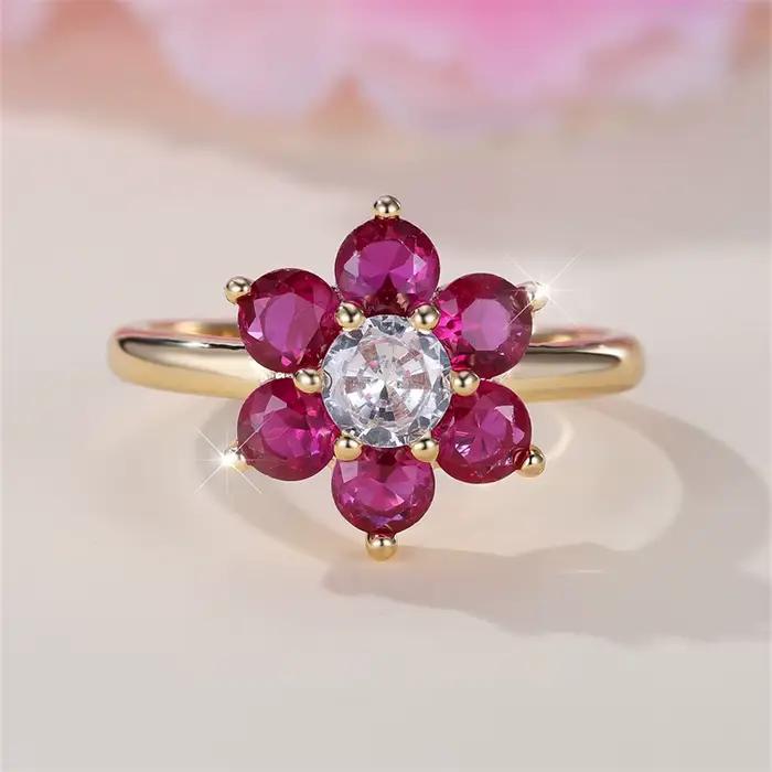 Bagues à breloques en forme de fleur de cerisier pour femmes, bague de Cocktail en pierre rouge Rose
