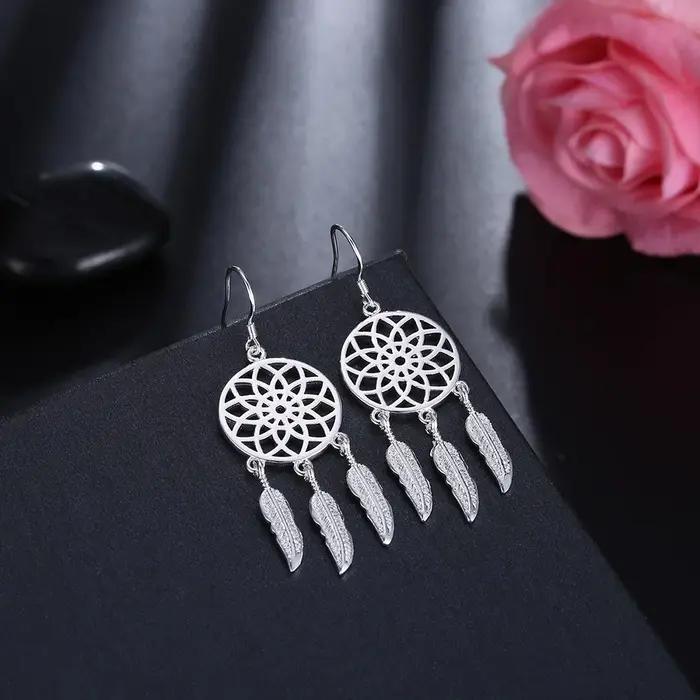 Boucles d'oreilles attrape-rêves en argent Sterling 925 pour femmes, breloques en plumes, à la mode,
