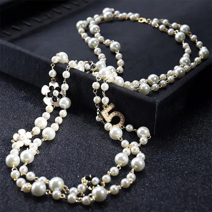 Pendentifs longs superposés camélia collier de perles Collares de moda fleur bijoux de fête