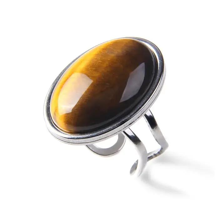 Grande bague en pierre, Cabochon naturel, œil de tigre, quartz obsidienne, gemme, couleur argent, an